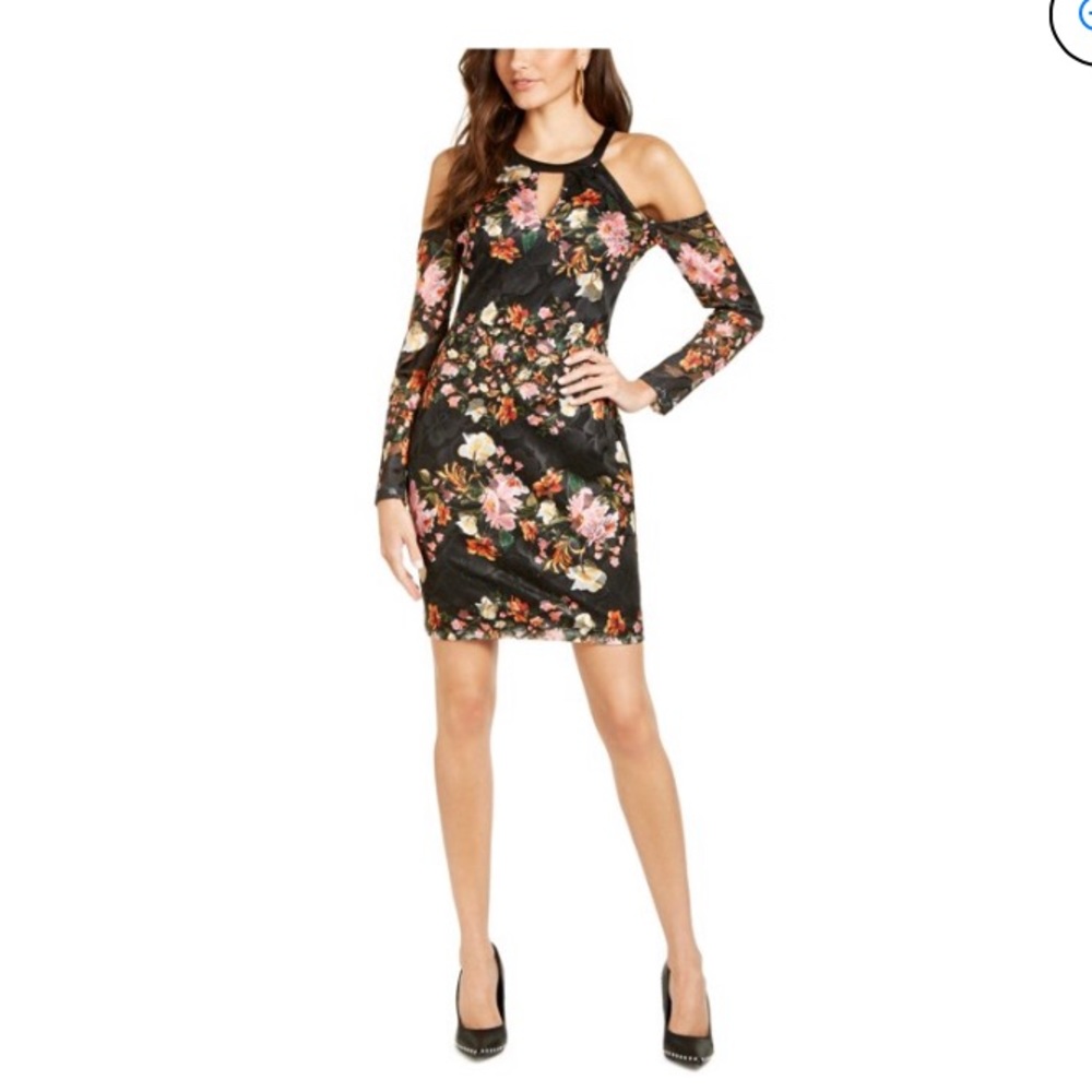 NWT GUESS Womens Green Floral Long Sleeve Halter Short Body Con Dress